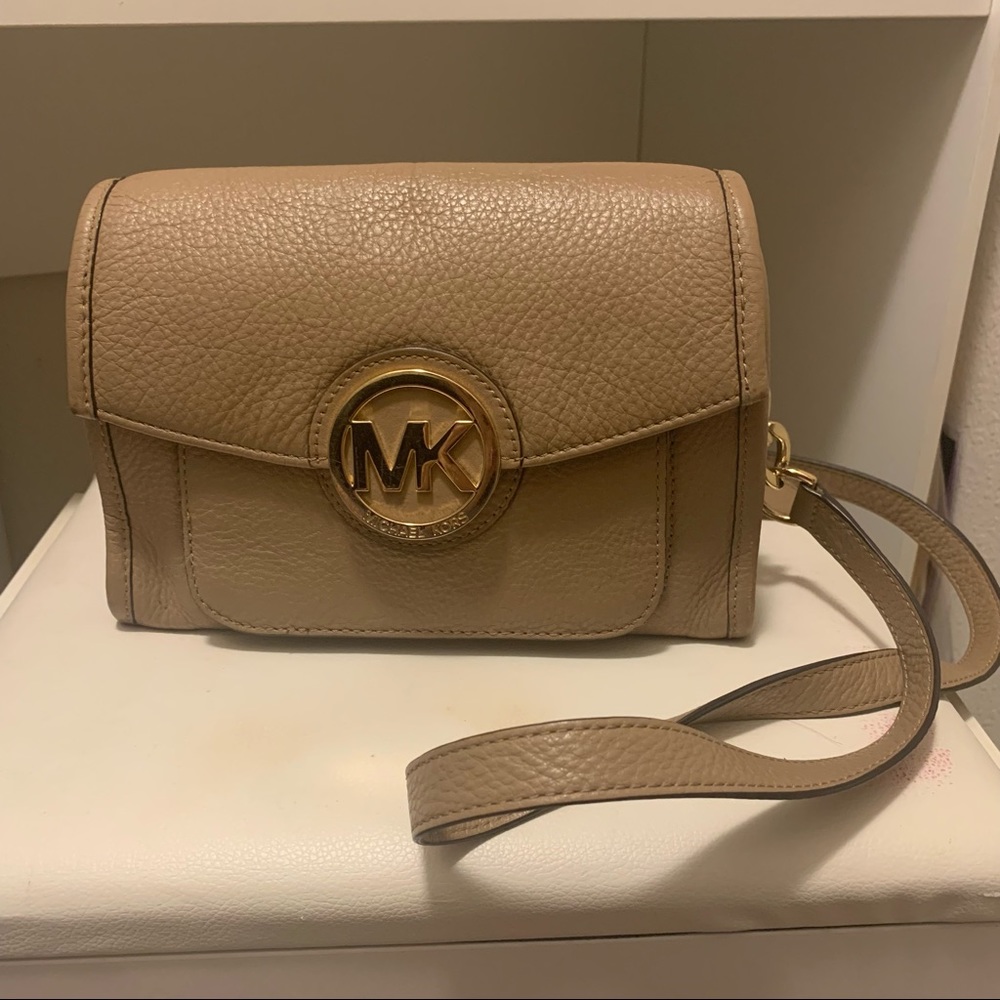 Designer Michael Kors Crossbody Small Bag | Tan with Gold Accents